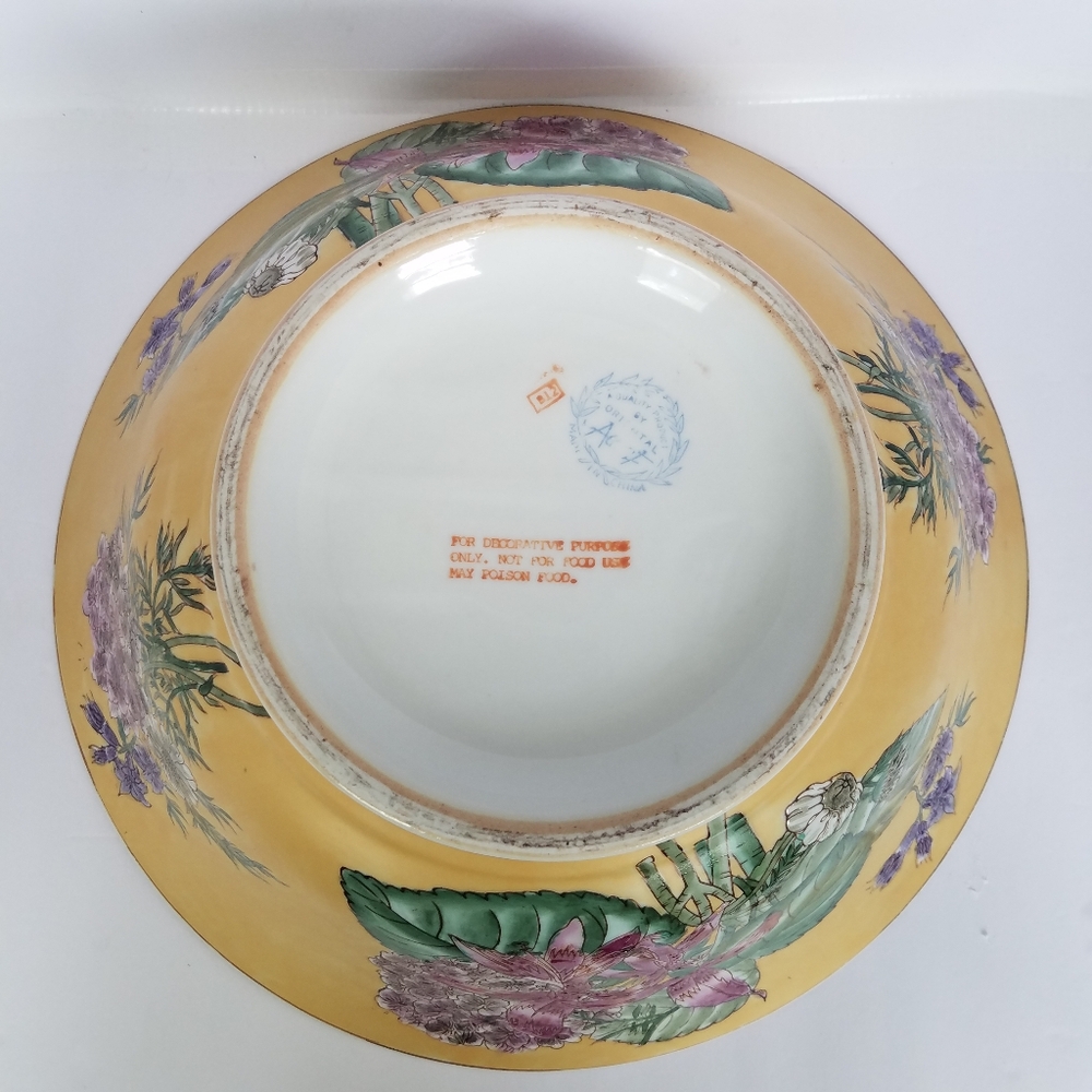 Vtg Oriental Accent Large Porcelain Bowl 13” Decorative Floral Yellow - Picture 11 of 12